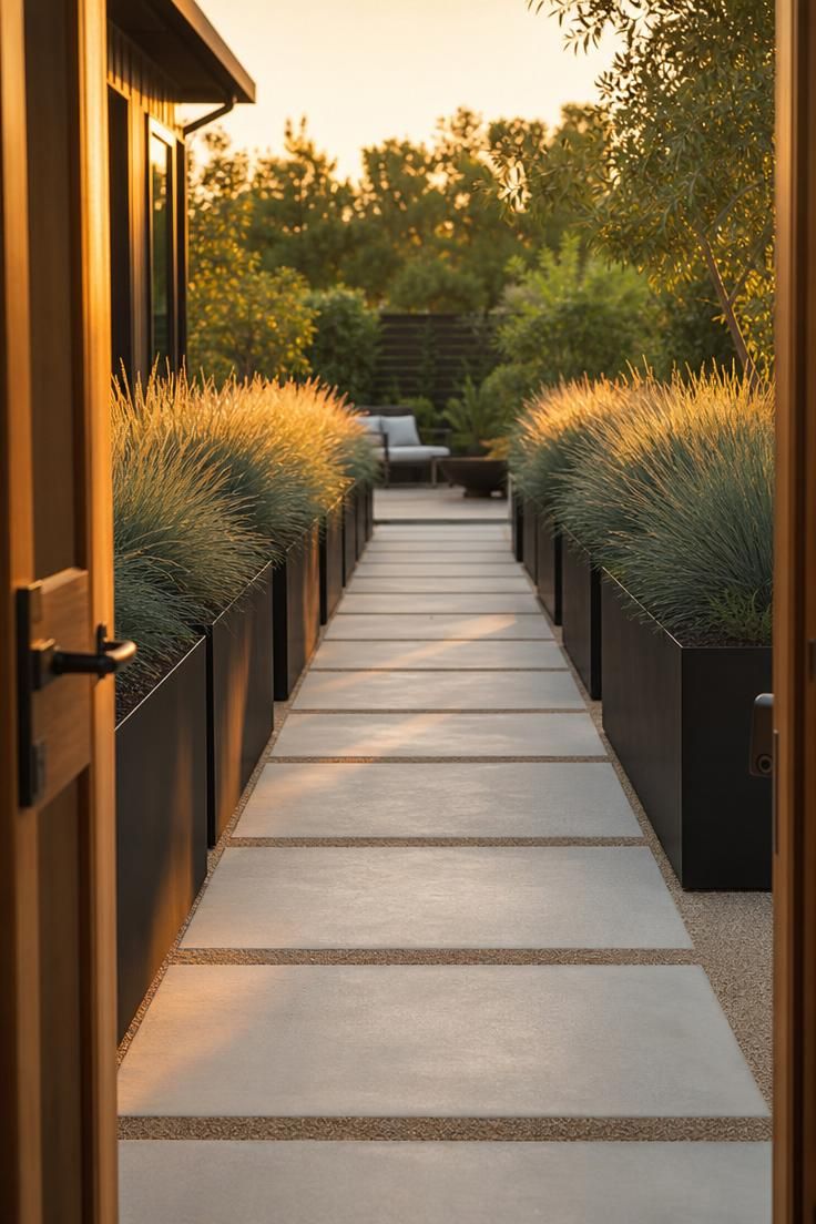 17 Sleek Modern Backyard Landscaping Plans Worth Copying 8 A concrete paver walkway lined with black steel raised planters holding blue oat grass in warm golden hour light from a doorway perspective.