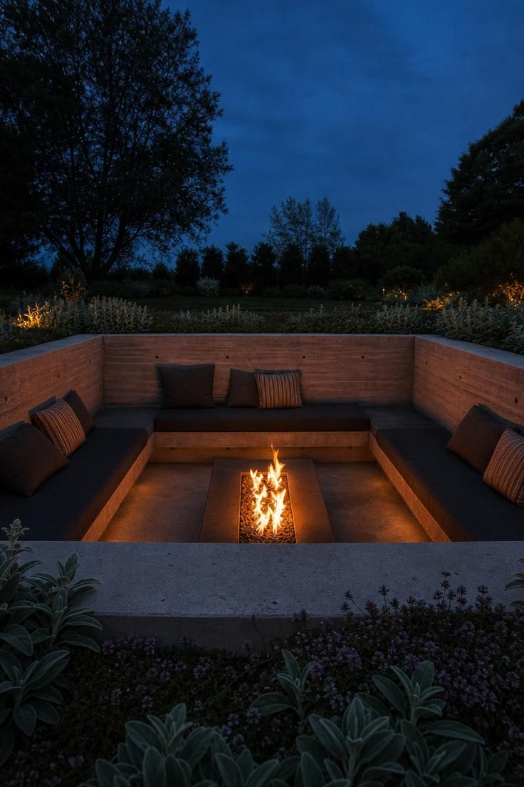 17 Sleek Modern Backyard Landscaping Plans Worth Copying 9 A sunken lounge pit with board-formed concrete bench walls and a central gas fire feature at dusk, seen from the rim edge.