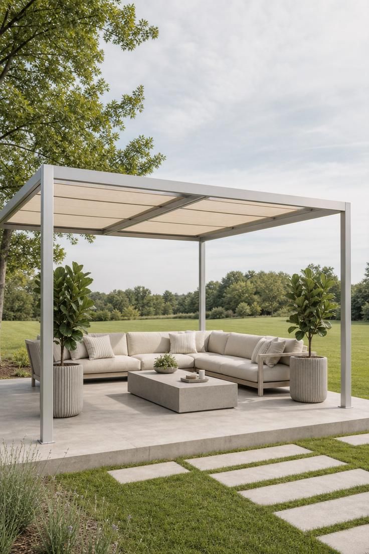 17 Sleek Modern Backyard Landscaping Plans Worth Copying 10 A brushed aluminum flat-roof pergola covering an outdoor living space with a sectional sofa and concrete coffee table in soft diffused light.