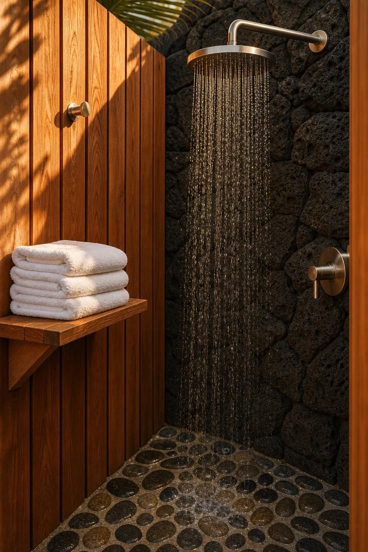 17 Sleek Modern Backyard Landscaping Plans Worth Copying 12 Close-up of a cedar-clad outdoor shower station with a lava rock back wall, rainfall showerhead, and river pebble floor in warm golden light.