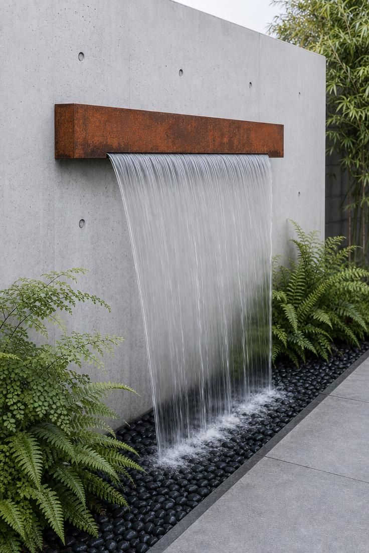 17 Sleek Modern Backyard Landscaping Plans Worth Copying 13 A weathering steel water blade mounted on a poured concrete wall with water falling into a pebble-lined trough flanked by ferns in cool even light.