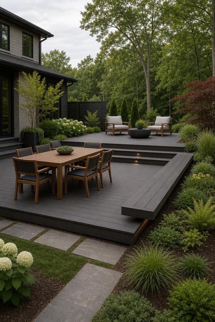 17 Sleek Modern Backyard Landscaping Plans Worth Copying 14 A two-tier composite deck with cantilevered bench edges and hidden LED step lights in warm graphite tones on a soft diffused afternoon.