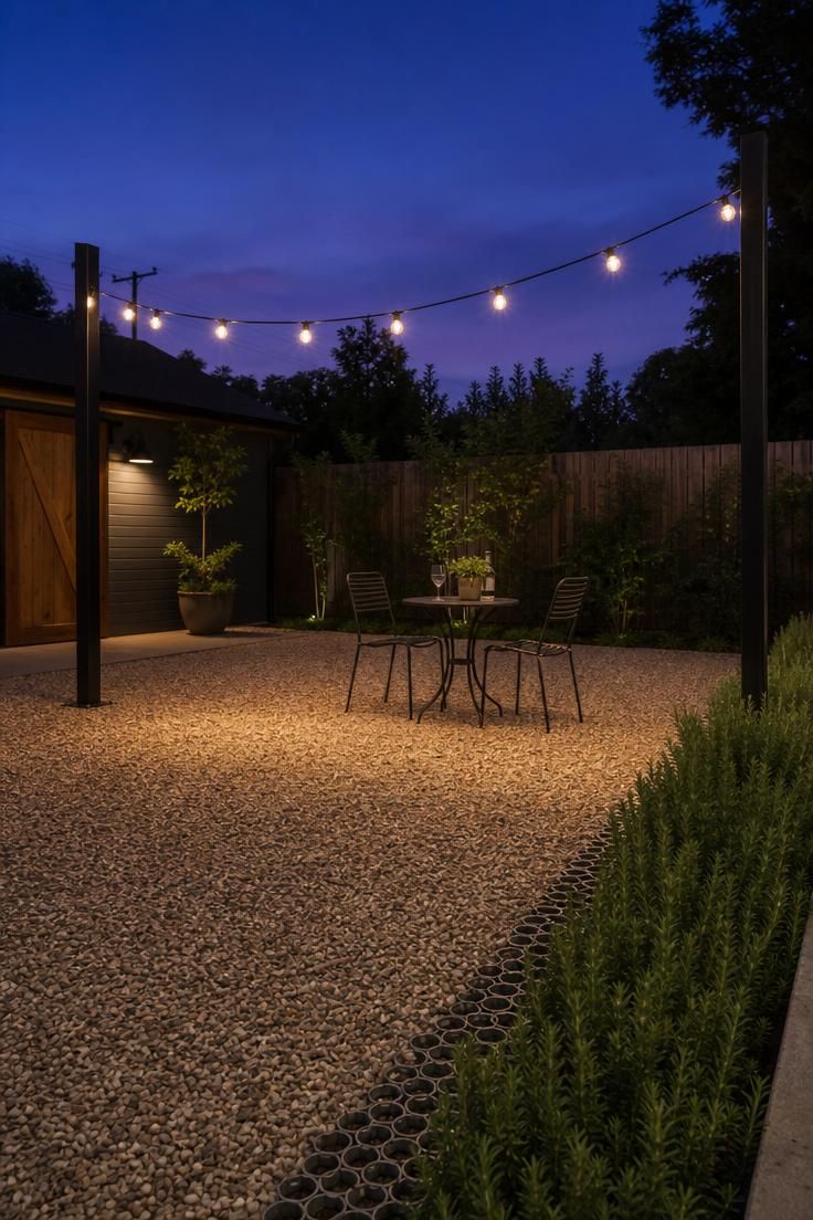 17 Sleek Modern Backyard Landscaping Plans Worth Copying 16 A permeable gravel motor court at dusk repurposed as an entertaining space with bistro seating and cafe string lights overhead.