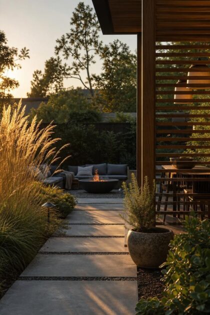 17 Sleek Modern Backyard Landscaping Plans Worth Copying A modern backyard at golden hour with a concrete paver path, ornamental grasses, a slatted wood privacy screen, and a glowing fire bowl in the distance.
