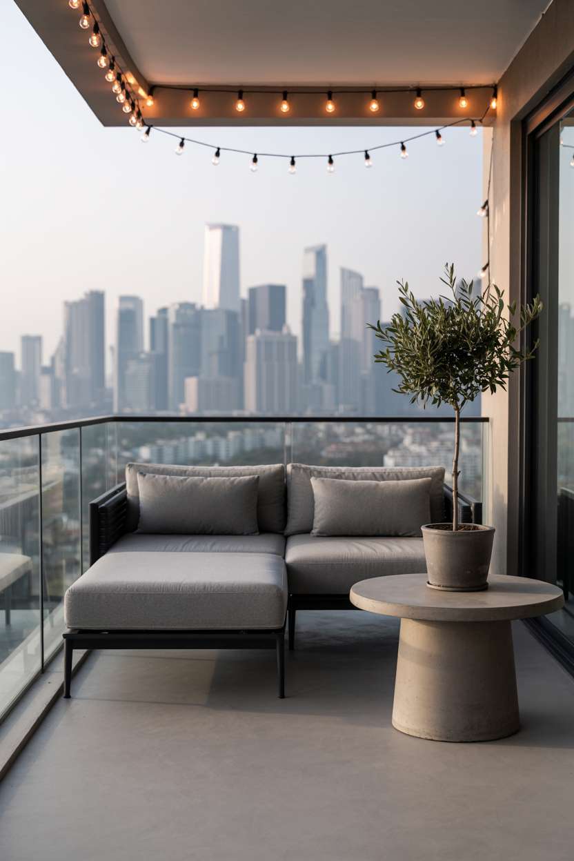 27 Stunning Modern Balcony Design Ideas You’ll Love 1 Modern balcony with grey sectional sofa facing city skyline through glass railings