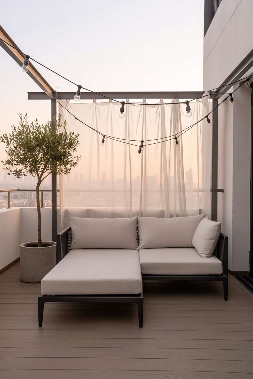 27 Stunning Modern Balcony Design Ideas You’ll Love 2 Modern balcony with dark grey sectional, white cushions, and olive tree planter