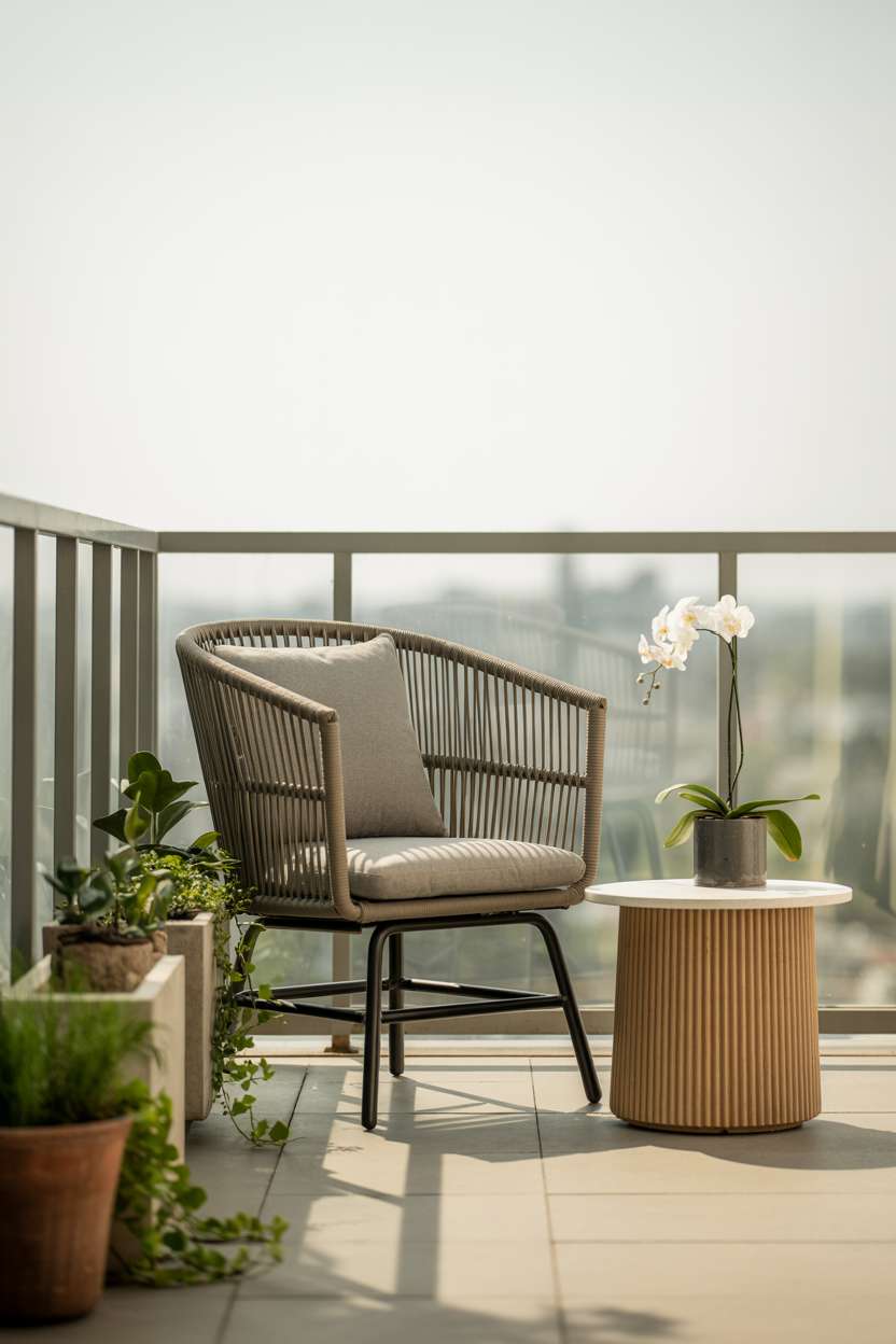 27 Stunning Modern Balcony Design Ideas You’ll Love 3 Modern balcony featuring rattan chair with grey cushions and small wooden table