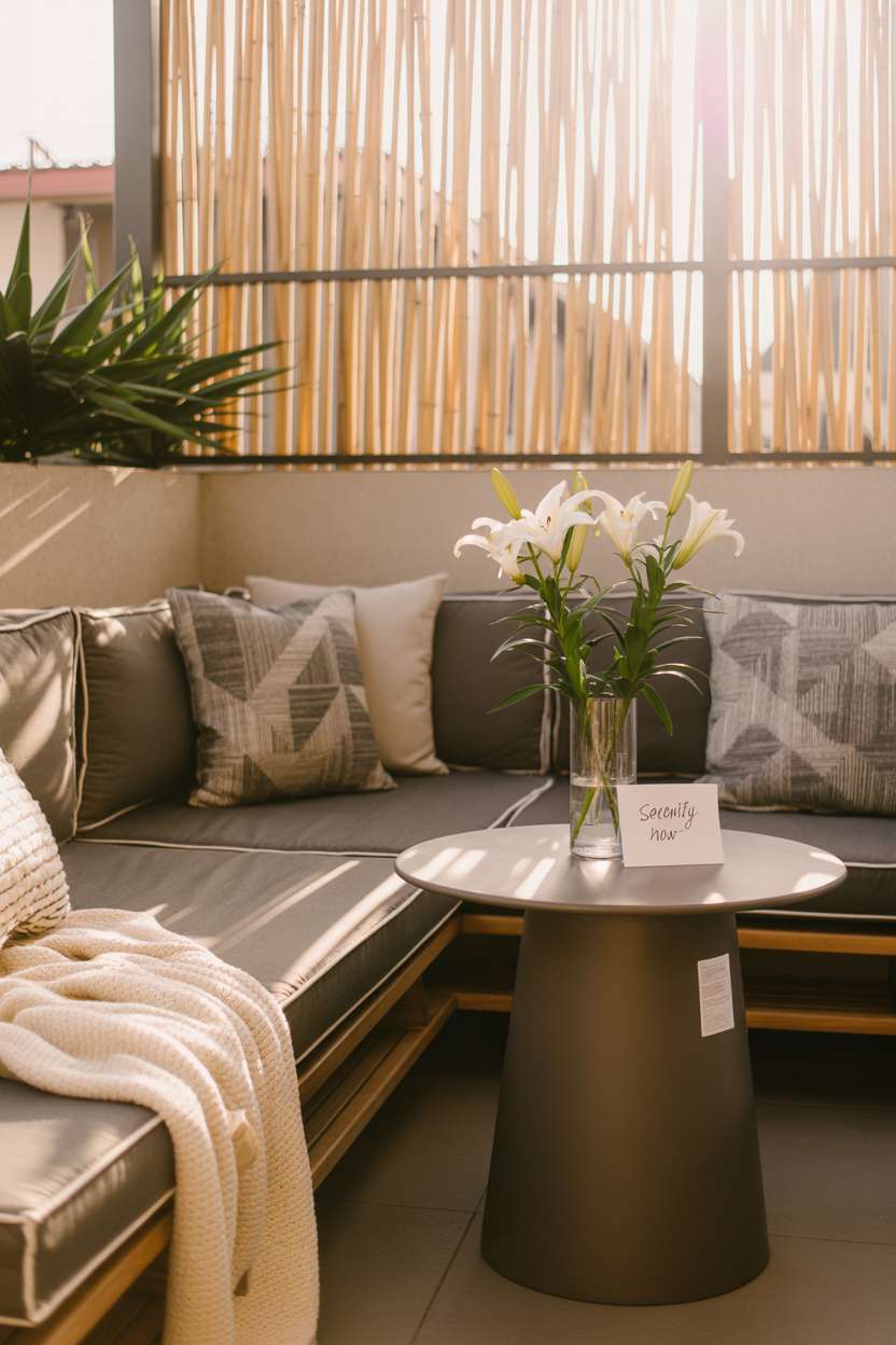 27 Stunning Modern Balcony Design Ideas You’ll Love 4 Modern balcony with deep grey sectional sofa, patterned pillows, and cream blanket
