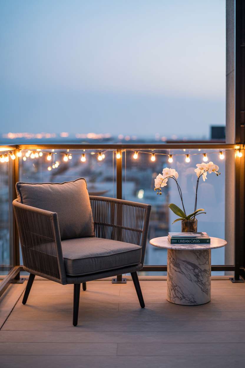 27 Stunning Modern Balcony Design Ideas You’ll Love 5 Modern balcony with oversized woven armchair and marble-top table at twilight