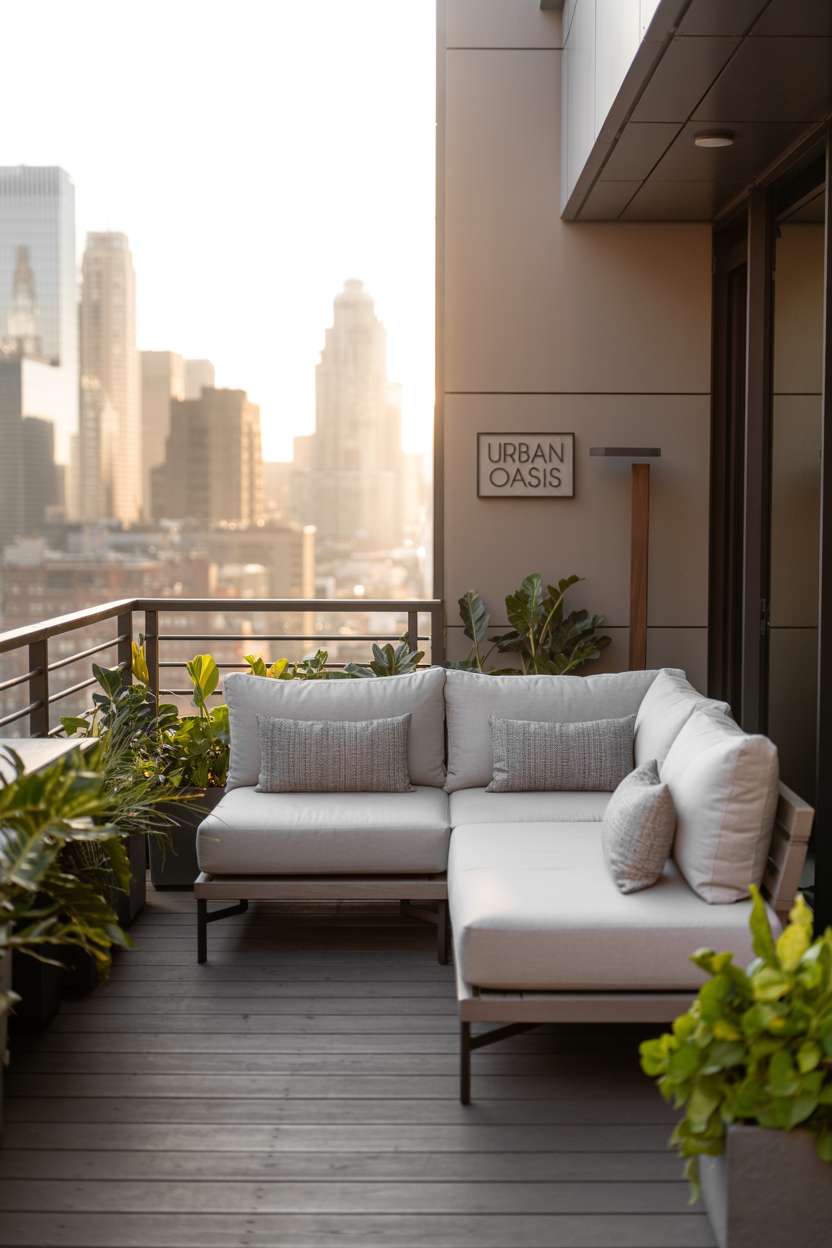 27 Stunning Modern Balcony Design Ideas You’ll Love 6 Modern balcony with light grey sectional sofa and abundant potted plants