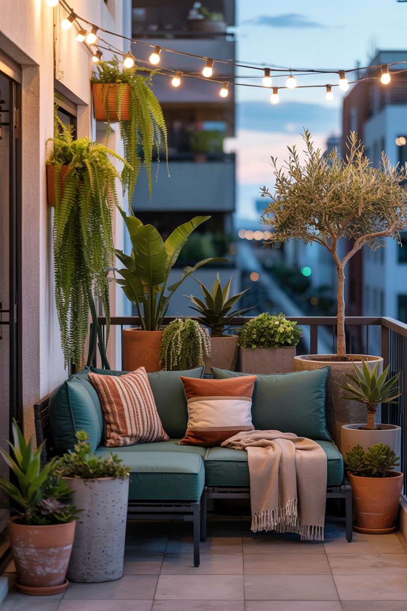 27 Stunning Modern Balcony Design Ideas You’ll Love 7 Modern balcony overflowing with plants, featuring grey sectional and string lights