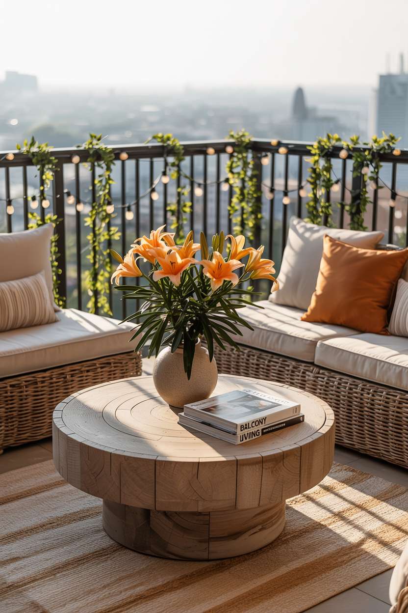 27 Stunning Modern Balcony Design Ideas You’ll Love 8 Modern balcony with rattan furniture, reclaimed wood coffee table, and orange lilies