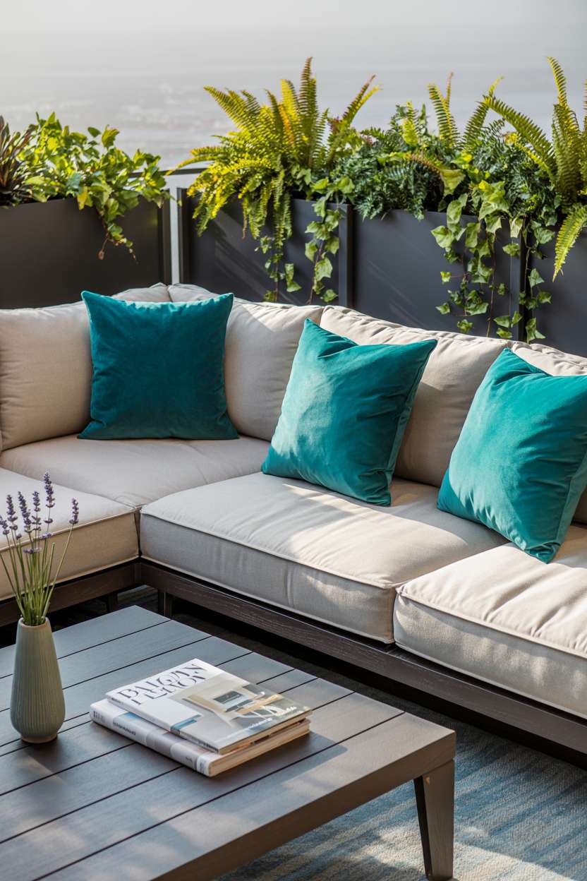 27 Stunning Modern Balcony Design Ideas You’ll Love 9 Modern balcony with cream sectional sofa and turquoise throw pillows