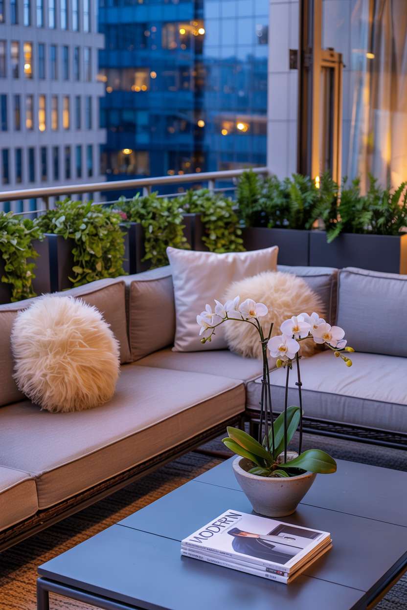 27 Stunning Modern Balcony Design Ideas You’ll Love 10 Modern balcony with grey sectional overlooking illuminated cityscape at dusk