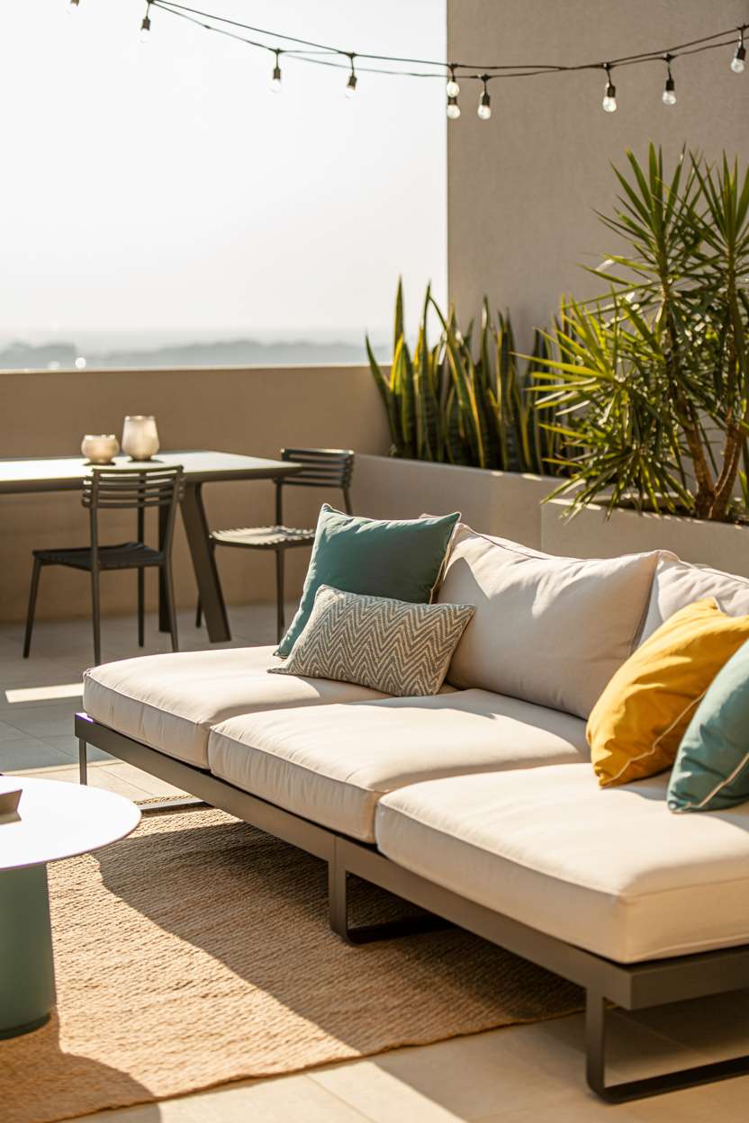 27 Stunning Modern Balcony Design Ideas You’ll Love 11 Modern balcony with cream sectional, outdoor dining table, and string lights