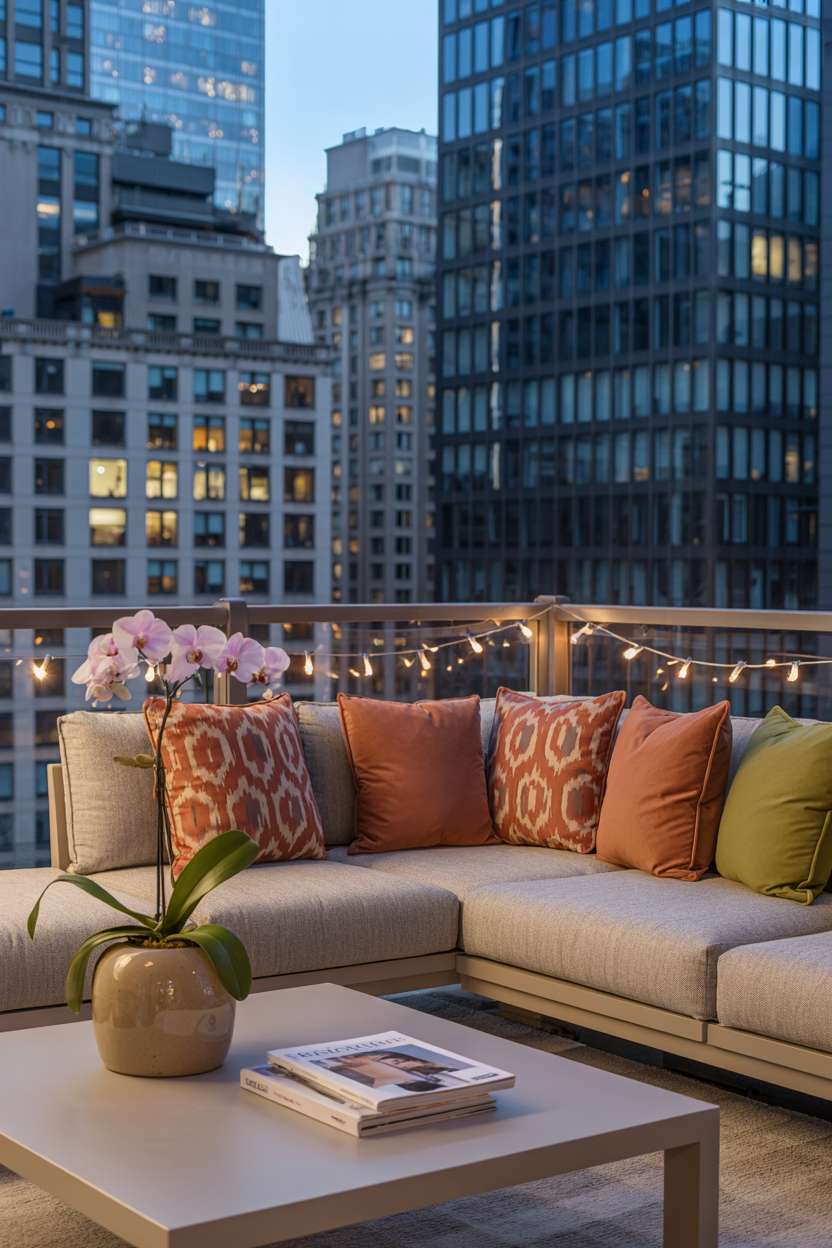 27 Stunning Modern Balcony Design Ideas You’ll Love 12 Modern balcony with light grey sectional and terracotta and olive cushions