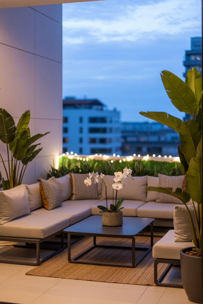 27 Stunning Modern Balcony Design Ideas You’ll Love 13 Modern balcony with grey sectional, black coffee table, and abundant greenery