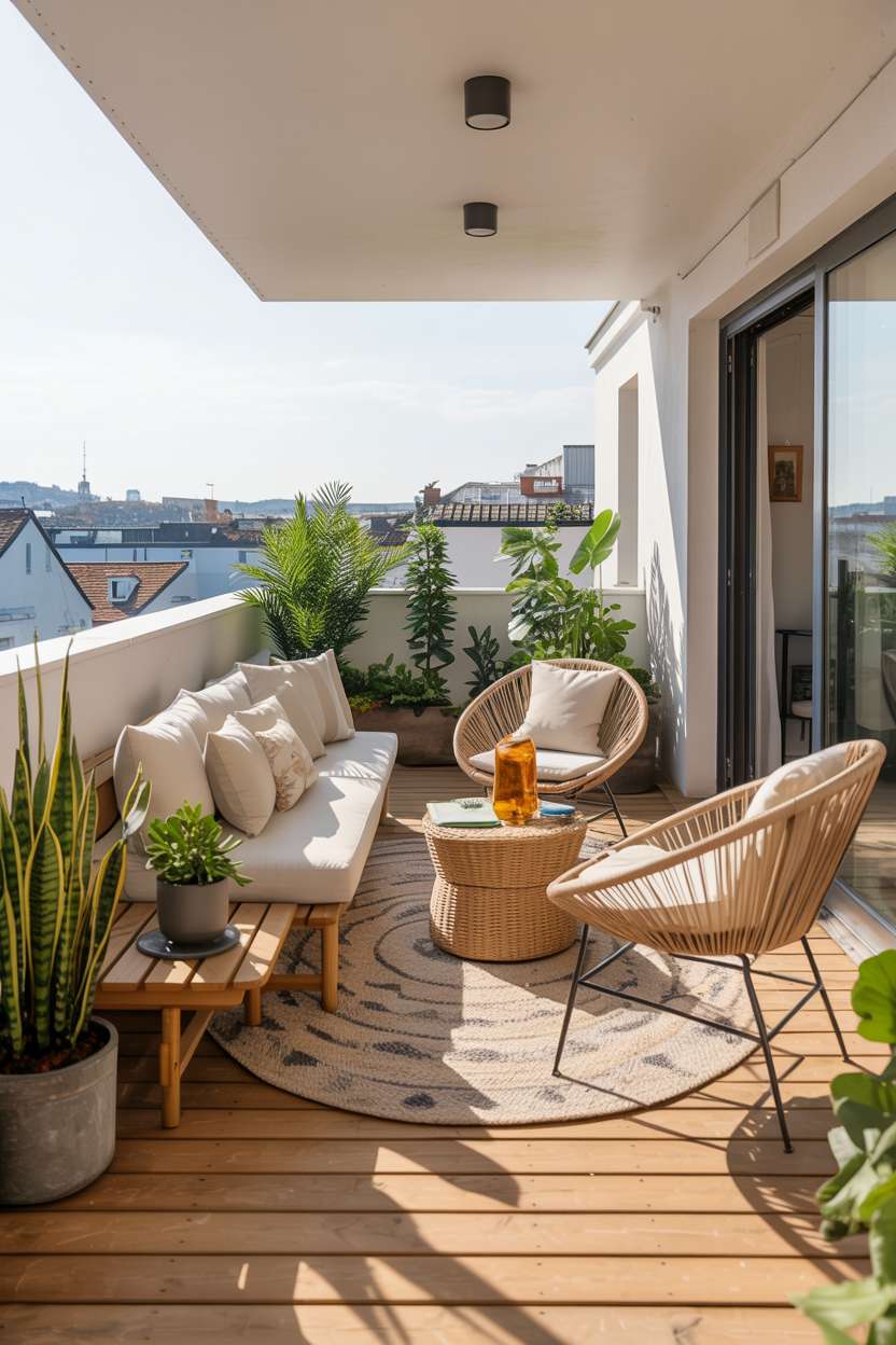 27 Stunning Modern Balcony Design Ideas You’ll Love 14 Modern rooftop terrace with white sofa, rattan chairs, and wooden decking