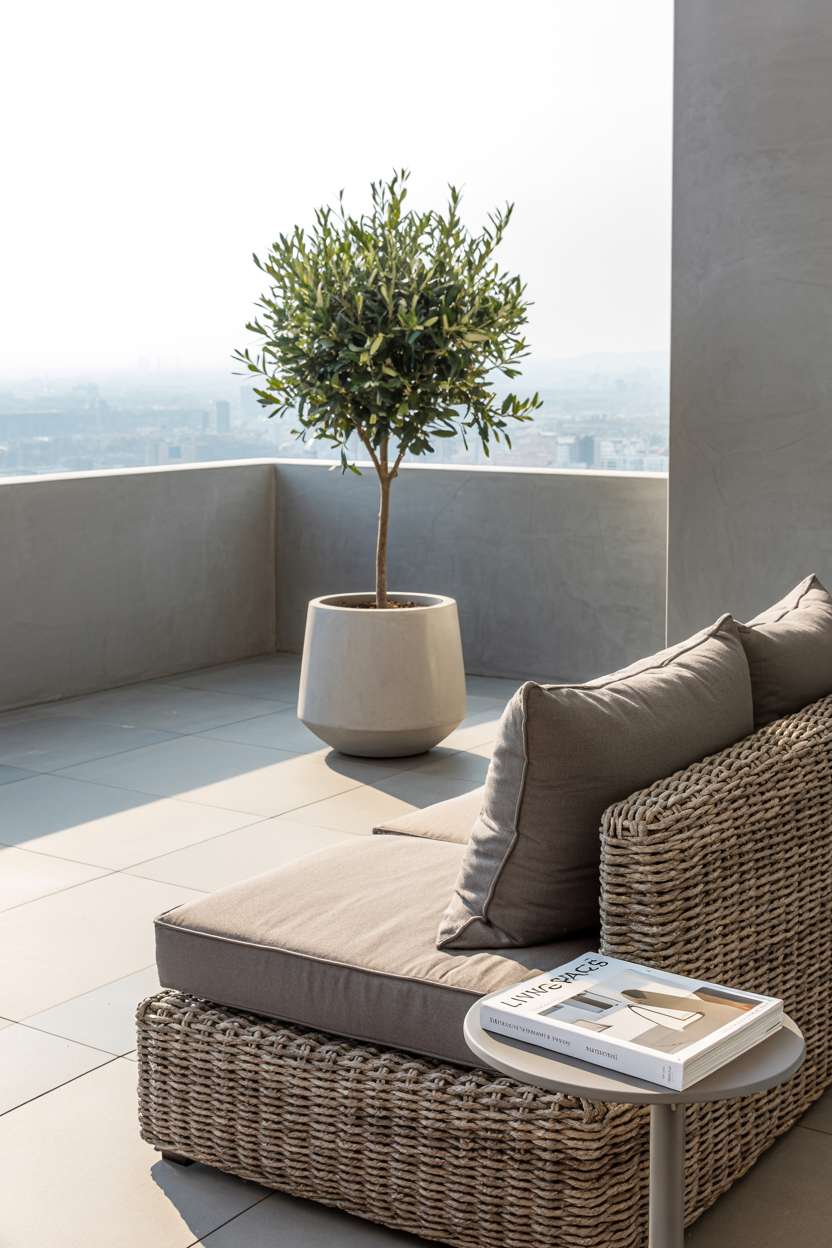 27 Stunning Modern Balcony Design Ideas You’ll Love 15 Minimalist modern balcony with single olive tree and woven rattan sofa