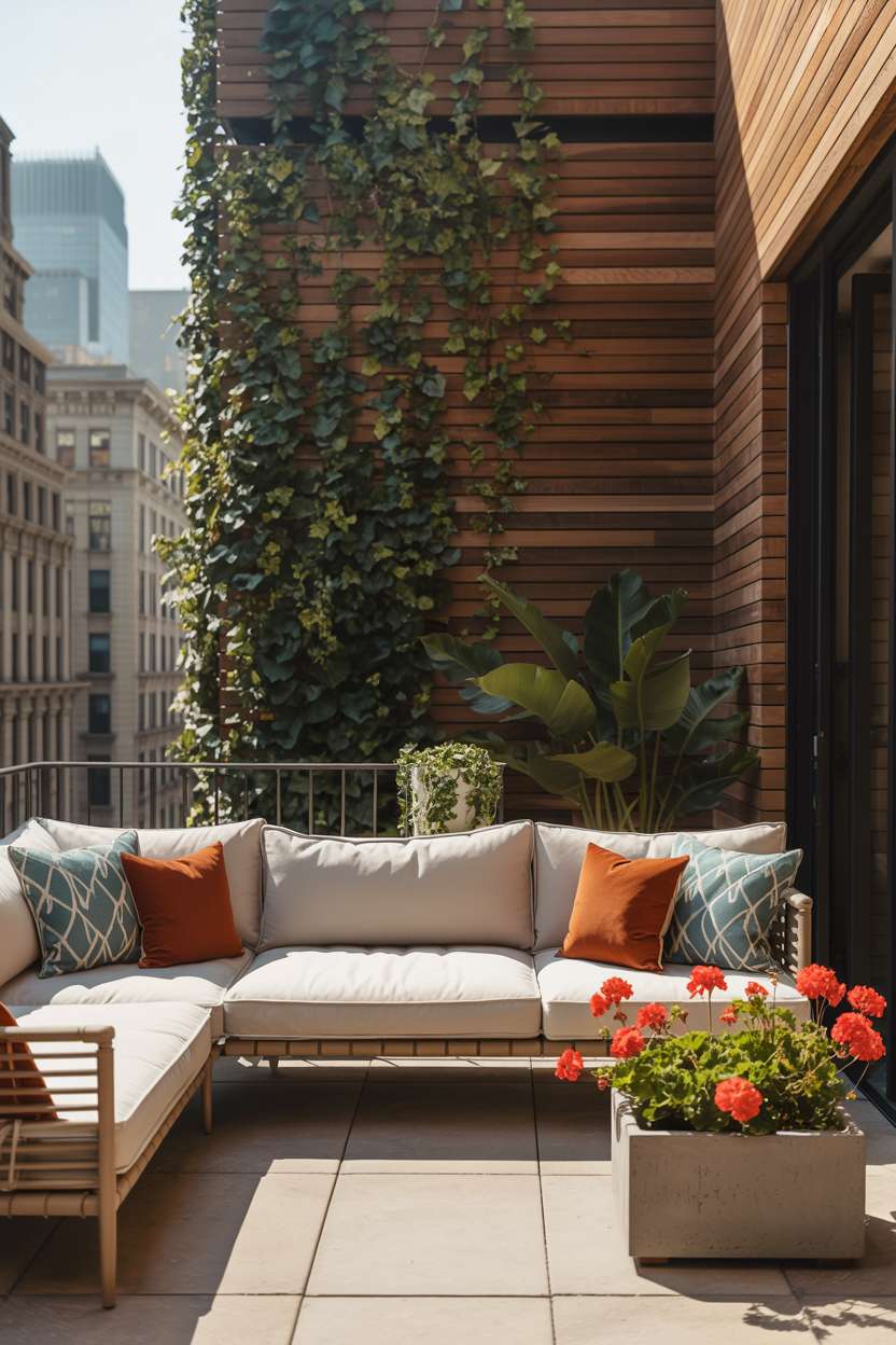 27 Stunning Modern Balcony Design Ideas You’ll Love 16 Modern balcony with cream sectional, climbing ivy wall, and red geraniums