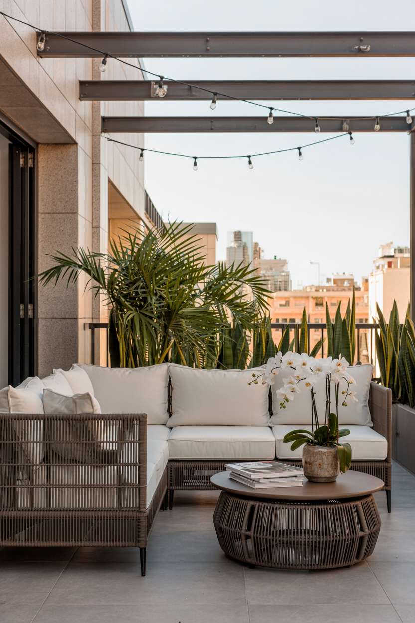 27 Stunning Modern Balcony Design Ideas You’ll Love 17 Modern balcony with charcoal sectional, black metal railing, and sunset views