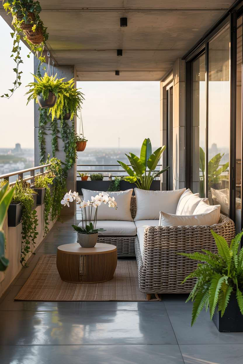 27 Stunning Modern Balcony Design Ideas You’ll Love 18 Modern balcony with rattan sectional and cascading ivy planters