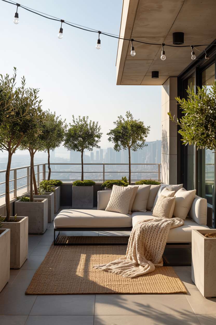 27 Stunning Modern Balcony Design Ideas You’ll Love 19 Modern balcony with grey sectional, olive trees, and large format tiles