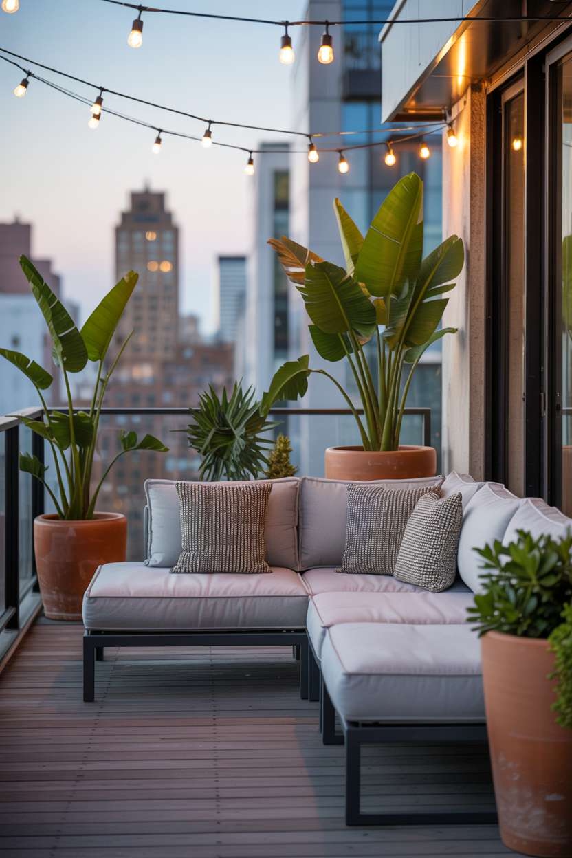 27 Stunning Modern Balcony Design Ideas You’ll Love 20 Modern balcony with grey sectional on dark wood deck and terracotta planters