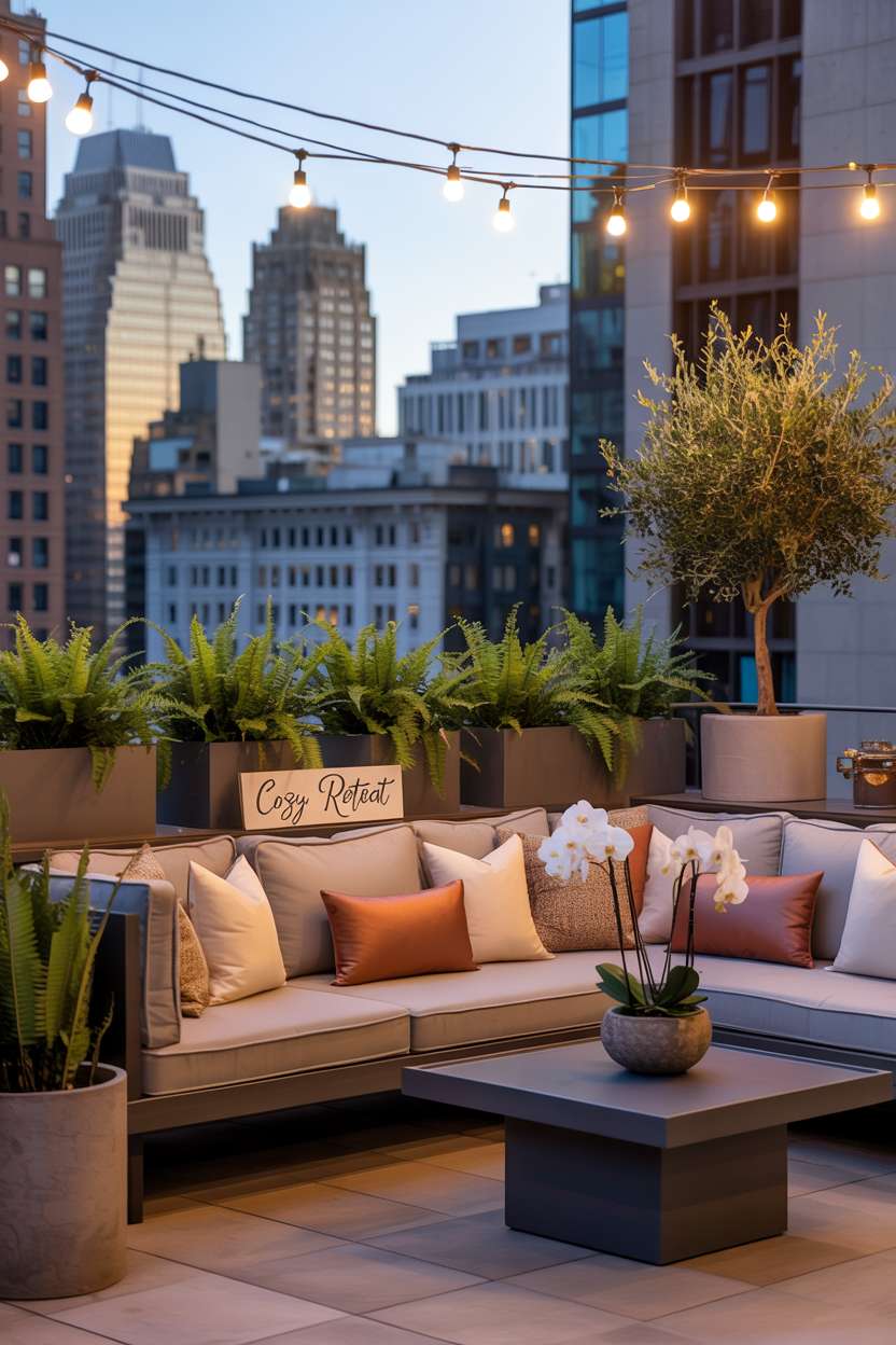 27 Stunning Modern Balcony Design Ideas You’ll Love 21 Modern balcony with grey sectional, varied throw pillows, and strategic plant placement