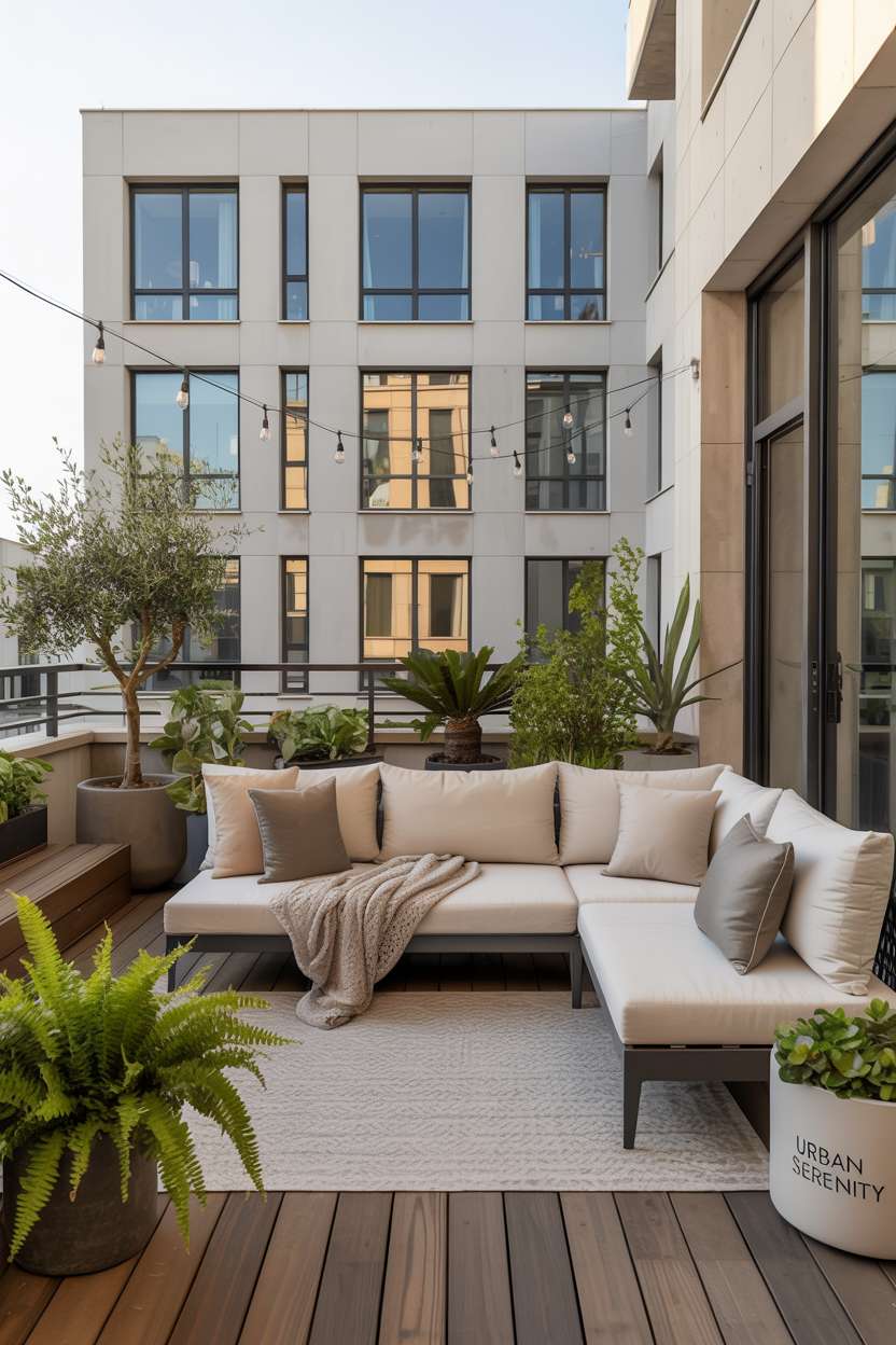 27 Stunning Modern Balcony Design Ideas You’ll Love 22 Modern balcony with cream sectional, grey cushions, and varied plant arrangements