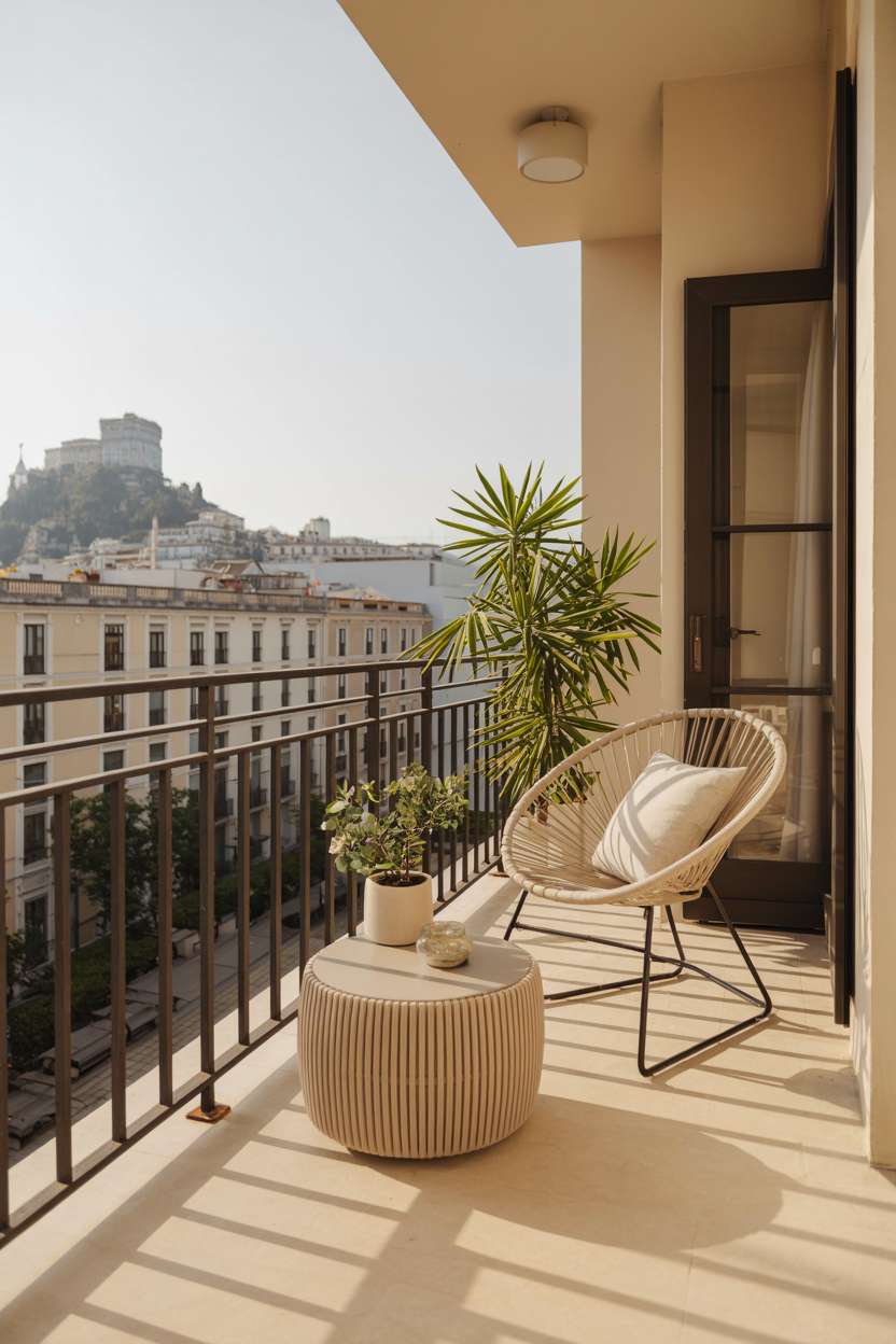 27 Stunning Modern Balcony Design Ideas You’ll Love 23 Modern balcony terrace with rope chair overlooking Mediterranean cityscape