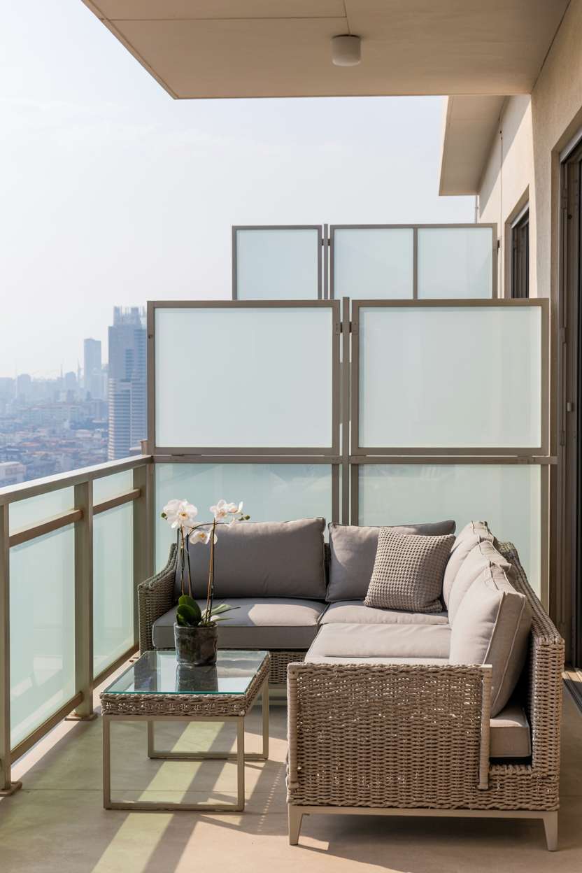 27 Stunning Modern Balcony Design Ideas You’ll Love 24 Modern balcony with geometric stainless steel railing and grey sectional