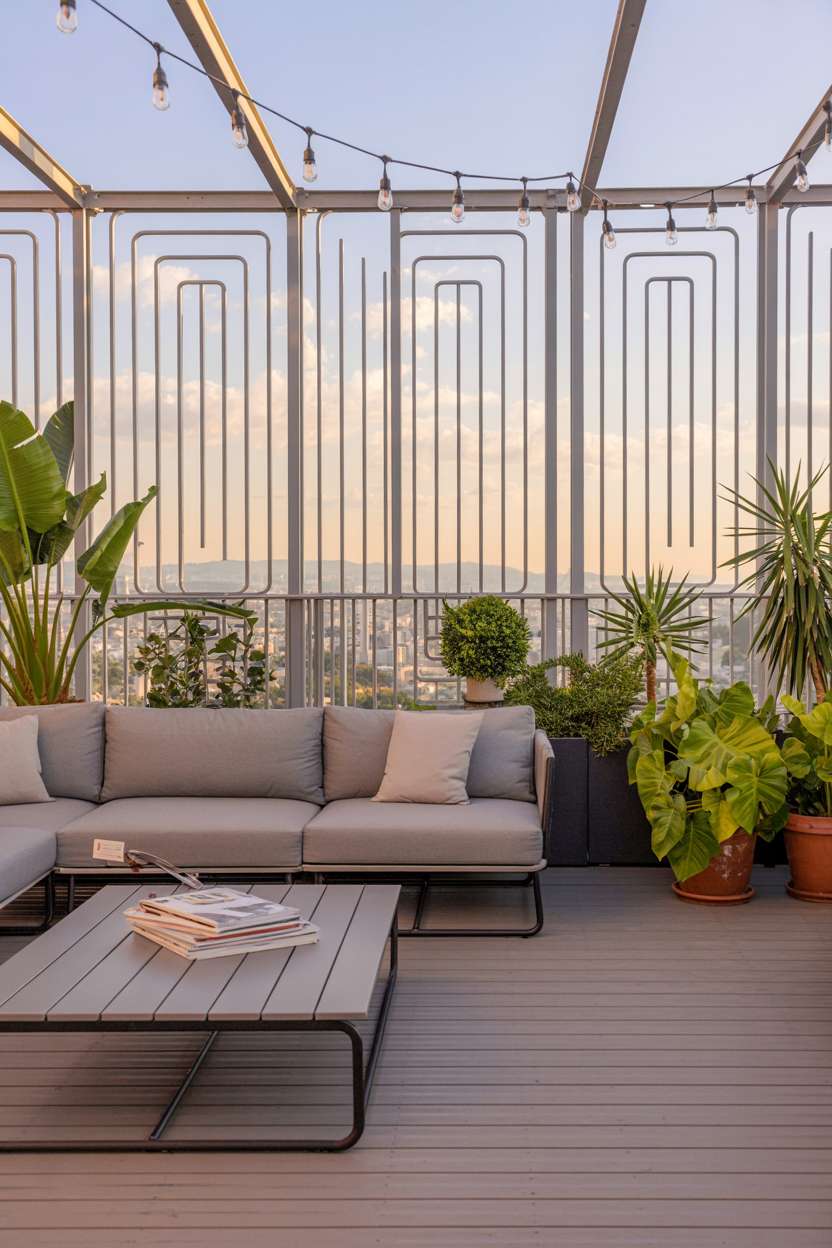 27 Stunning Modern Balcony Design Ideas You’ll Love 26 Modern balcony with geometric metal railing and composite decking