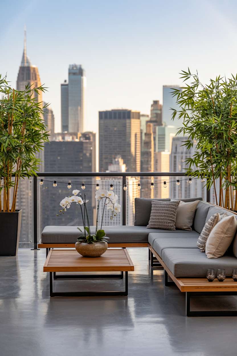27 Stunning Modern Balcony Design Ideas You’ll Love 27 Modern balcony with black metal railing and panoramic cityscape views