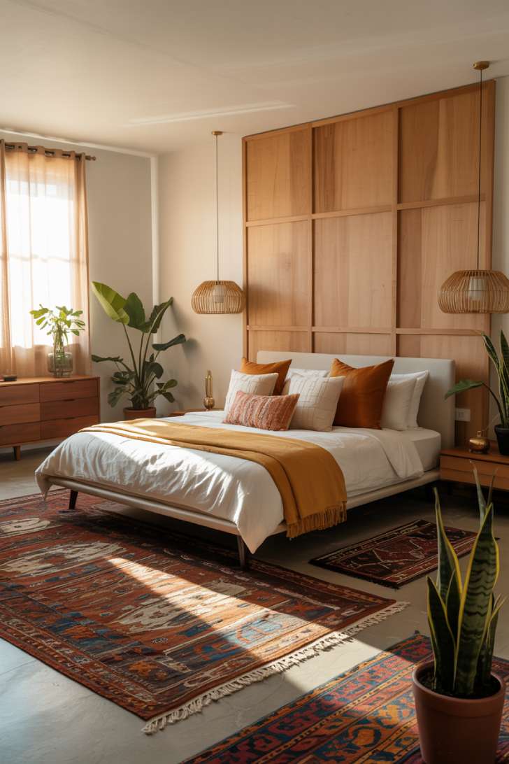 11 Stylish Modern Bohemian Bedroom Decor Ideas for Comfort 1 A modern bohemian bedroom with natural wood paneling, layered rugs, and warm textures
