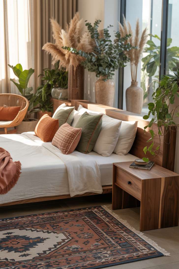 11 Stylish Modern Bohemian Bedroom Decor Ideas for Comfort 3 A modern bohemian bedroom with Persian-style rug and natural wood furniture