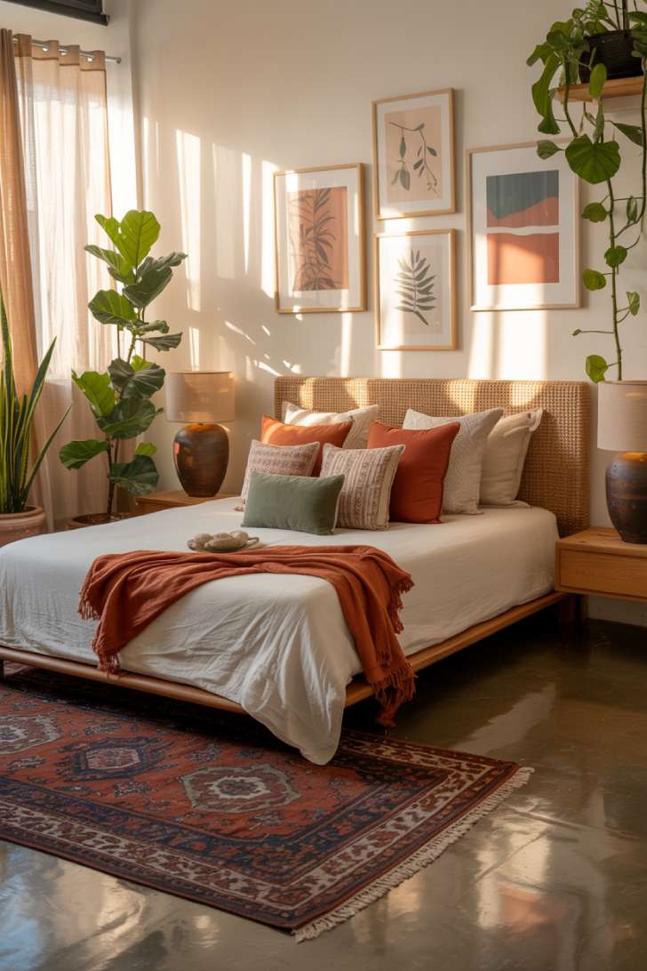 11 Stylish Modern Bohemian Bedroom Decor Ideas for Comfort 4 A modern bohemian bedroom showcasing woven jute headboard and vintage rugs