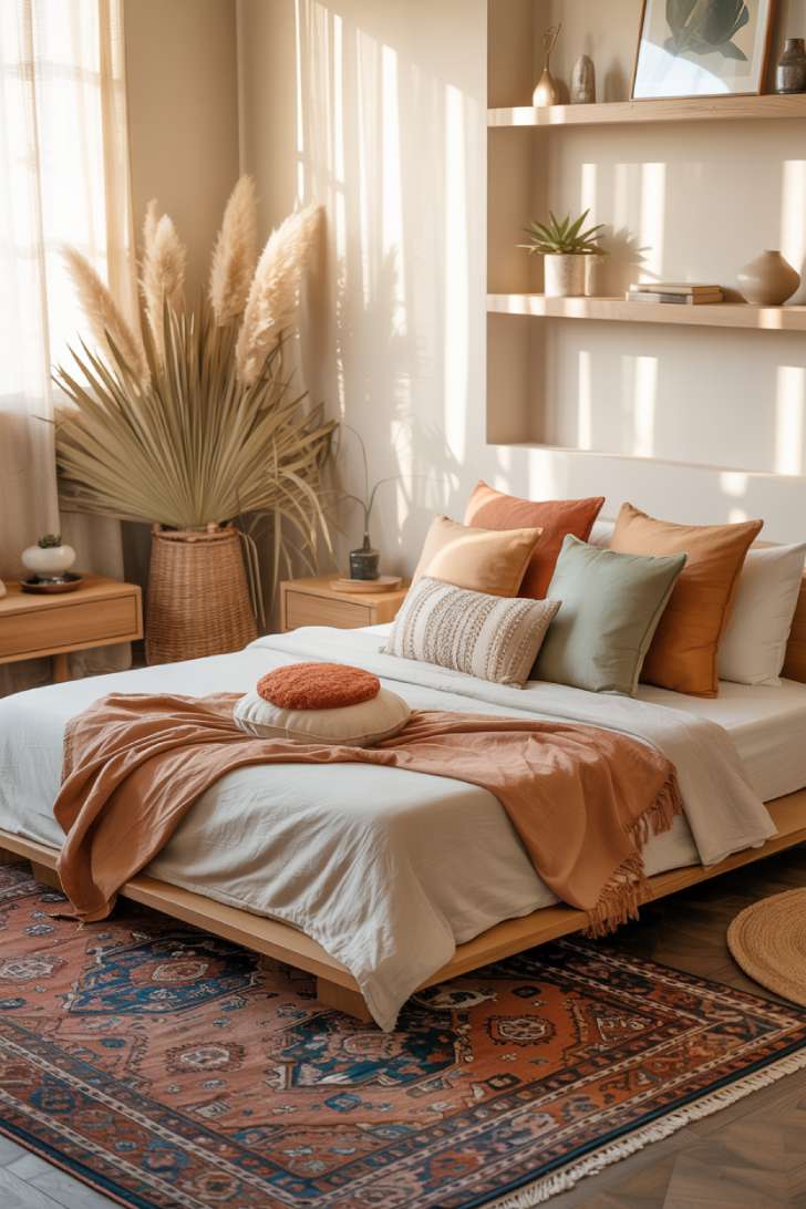 11 Stylish Modern Bohemian Bedroom Decor Ideas for Comfort 5 A modern bohemian bedroom with Persian-style area rug and floating shelves