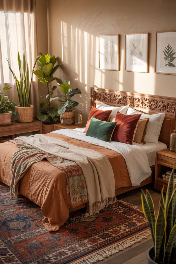 11 Stylish Modern Bohemian Bedroom Decor Ideas for Comfort 6 A modern bohemian bedroom featuring carved wooden headboard and rich jewel tones