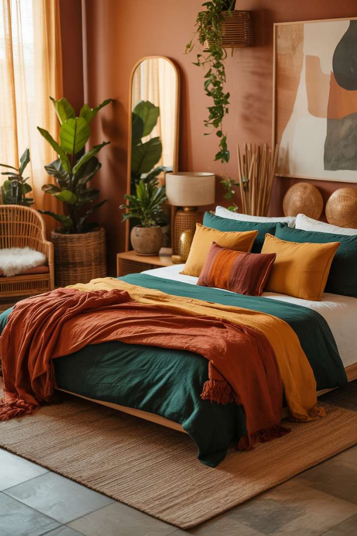 11 Stylish Modern Bohemian Bedroom Decor Ideas for Comfort 7 A modern bohemian bedroom with jewel-toned textiles and terracotta walls