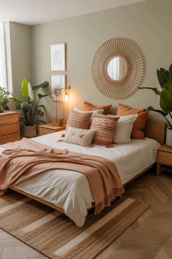 11 Stylish Modern Bohemian Bedroom Decor Ideas for Comfort 8 A modern bohemian bedroom with sage green walls and circular rattan mirror