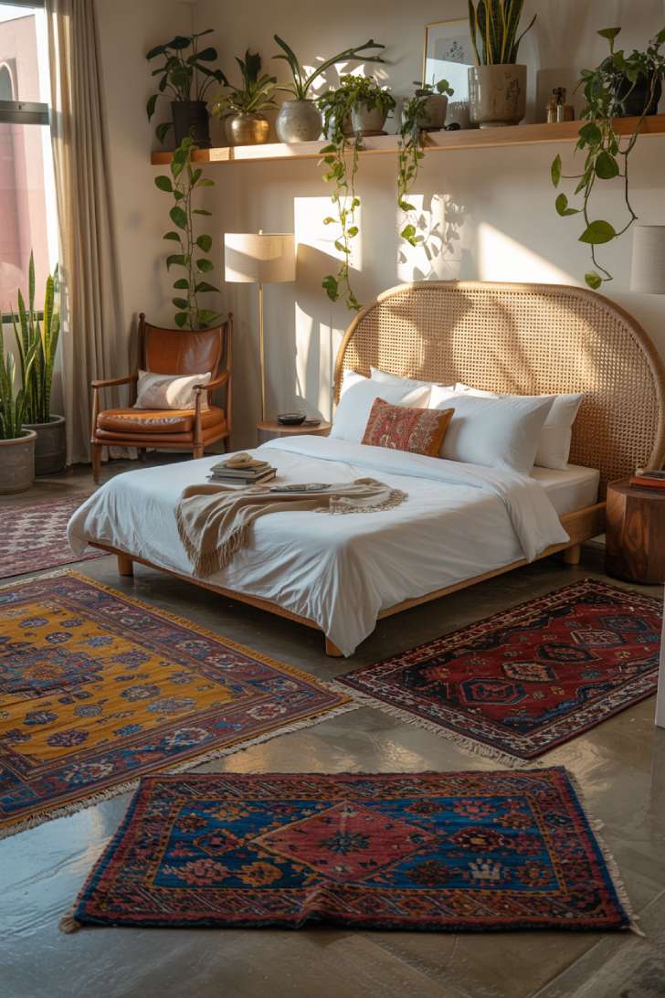 11 Stylish Modern Bohemian Bedroom Decor Ideas for Comfort 9 A modern bohemian bedroom with layered Persian and Moroccan rugs
