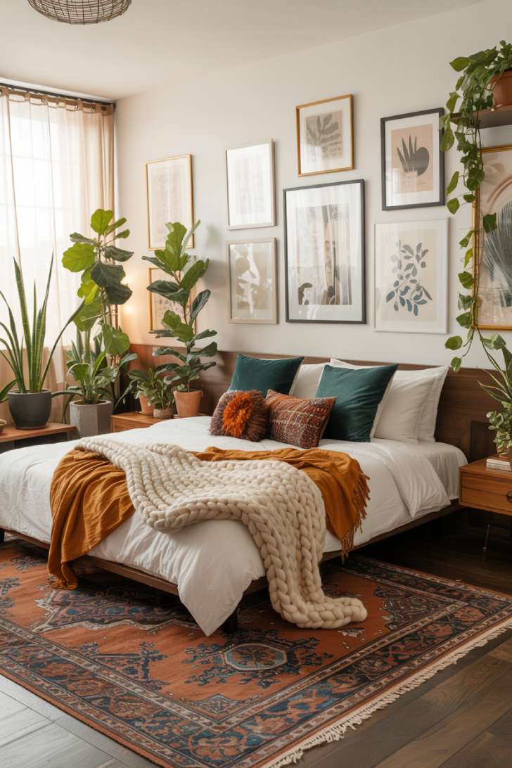 11 Stylish Modern Bohemian Bedroom Decor Ideas for Comfort 10 A modern bohemian bedroom with gallery wall of botanical prints and abstract art
