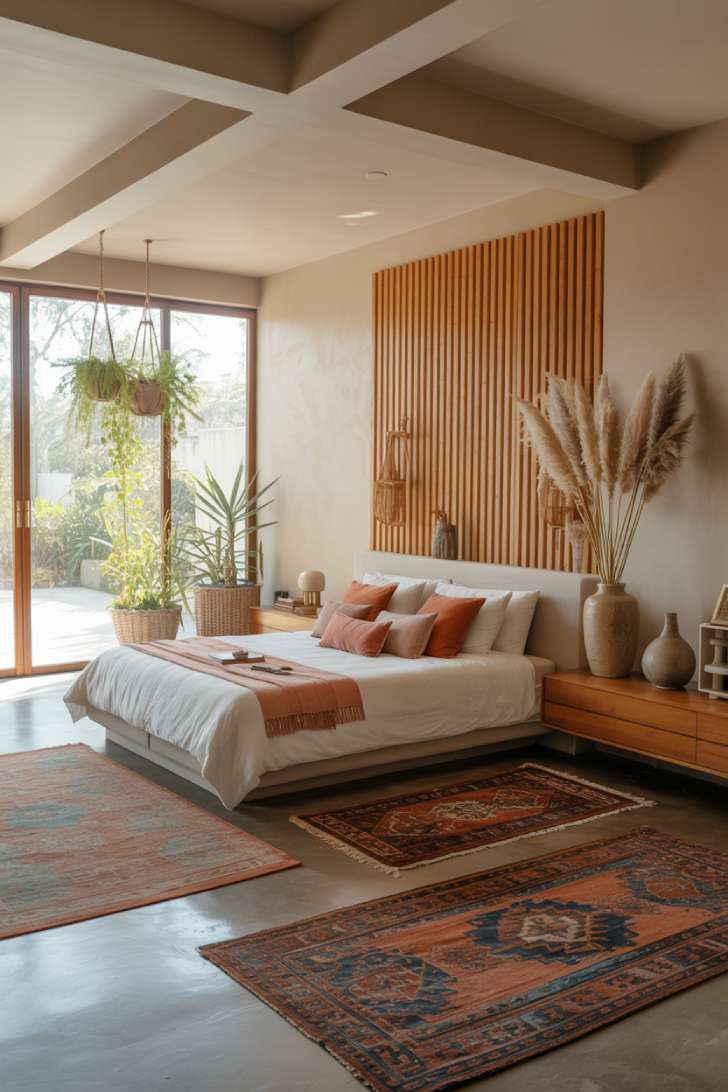 11 Stylish Modern Bohemian Bedroom Decor Ideas for Comfort 11 A modern bohemian bedroom with natural wood slat wall and floor-to-ceiling windows