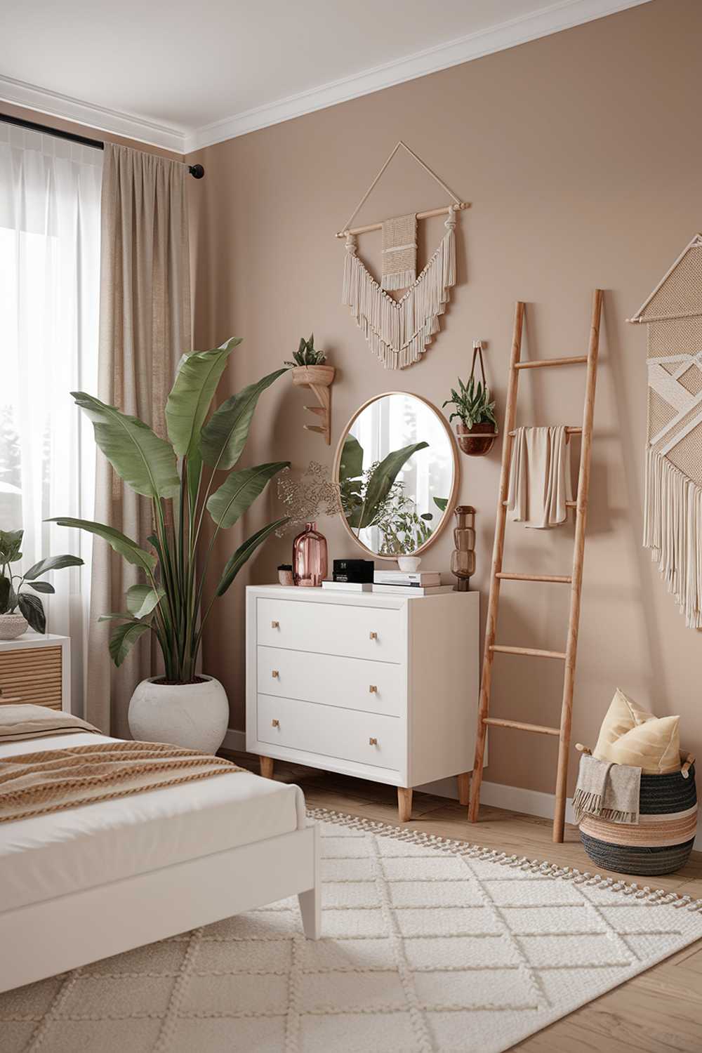 A modern boho bedroom decor with a white bed frame and beige walls. The room has a white area rug and beige curtains. There is a wooden ladder against one of the beige walls. The wall has a few hooks and a few planters. There is a white dresser with three drawers and a mirror. The dresser has a few decorative items on top. There are a few plants in the room, including a large plant in a white pot near the window. The window has a white curtain. The room has a few decorative items, such as a woven basket, a few throw pillows, and a few wall hangings