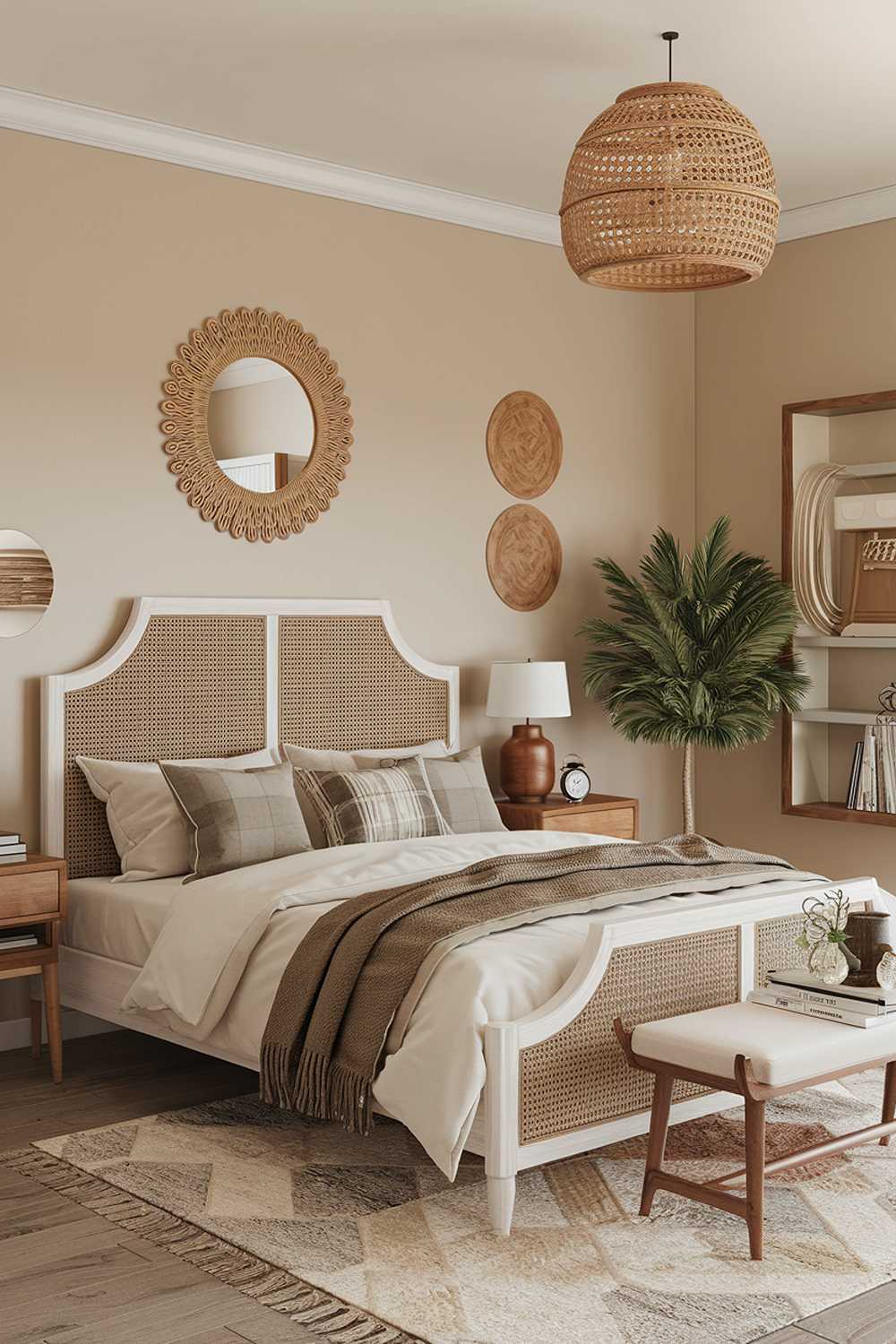 A highly detailed stylish modern boho bedroom decor. The room has a white wooden bed with a woven fabric headboard. There is a beige area rug under the bed. The walls are painted in a soft beige color. The room has a few pieces of furniture, including a wooden nightstand, a white bookshelf, and a large wall mirror. The room has a few decorative items, including a potted plant, a wooden vase, and a few throw pillows. The room has a few personal items, such as a lamp, a alarm clock, and a few books.