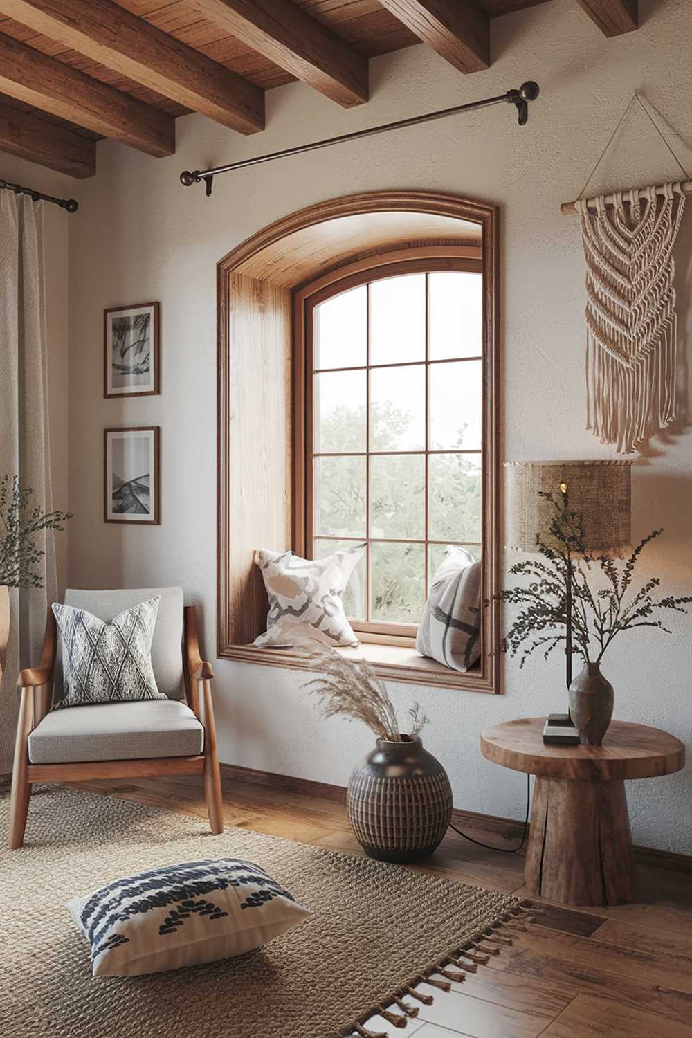 A modern boho bedroom decor with a rustic charm. The room has a wooden beam ceiling, white walls, and a wooden floor. There's a large window with a wooden frame and a curtain. A comfortable armchair is placed near the window. A round wooden table with a plant sits near the armchair. A lamp with a textured shade is placed on the floor. A woven rug covers the floor. There's a patterned cushion on the armchair. The room has a few decorative items, including a wooden box and a ceramic vase with a plant. The walls have a few hanging items, including a macrame wall hanging and a few pictures in wooden frames.