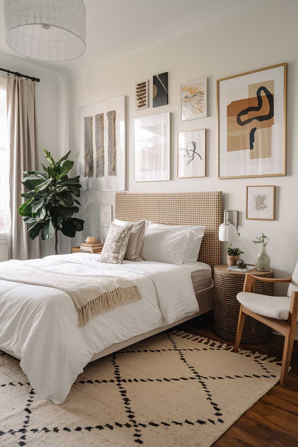 A modern boho bedroom decor. The room has a white bed with a woven pattern on the headboard. There's a green plant next to the bed. The walls are adorned with multiple pieces of artwork. The floor has a beige rug with a pattern. There's a wooden chair in the room. The room has a white lampshade.