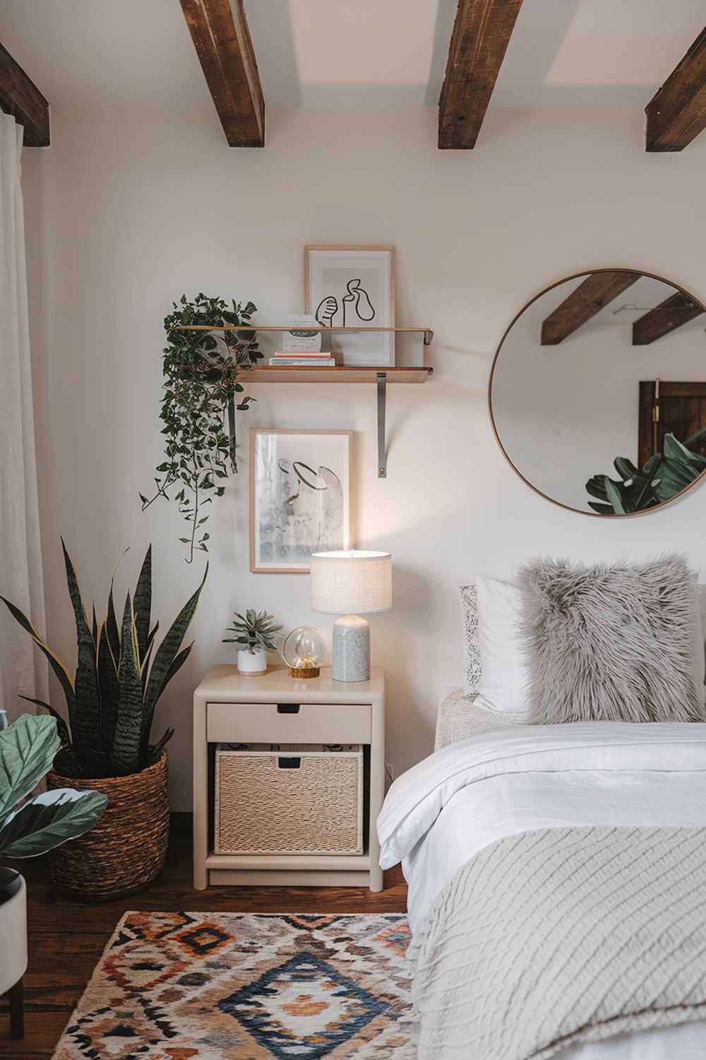 A modern boho bedroom decor. The room has a wooden beam ceiling, white walls, and a patterned rug. There's a white bed with a fluffy grey pillow. On the wall above the bed, there's a large round mirror. Next to the bed, there's a beige storage unit with a drawer and a shelf. The shelf holds a plant, a lamp, and a decorative item. The room has a few plants and decorative items.