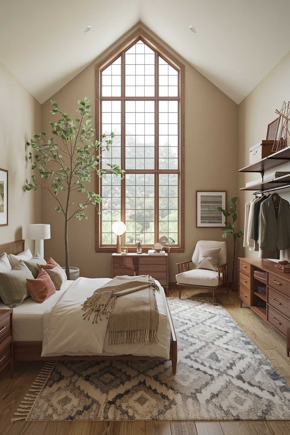 A cozy modern boho bedroom with a high ceiling and a large window with wooden frames. The room has a king-sized bed with a wooden frame and a plush mattress. There are cozy pillows and a warm blanket on the bed. A rug with a geometric pattern is placed on the wooden floor. The walls are painted in a soft beige hue. A tall plant with green leaves is placed near the window. A reading chair with a cushion is placed near the bed. The room has wooden furniture, including a nightstand, a dresser, and a shelf. The nightstand has a lamp and a decor item. The dresser has a mirror and holds clothes. The shelf has a few decor items. The floor and the furniture have wooden accents.